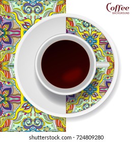 Cup of coffee with colorful ornament on a saucer and vertical seamless floral geometric pattern. Business coffee break concept, interior design background. Isolated coffee cup and plate decor element