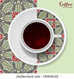 Cup of coffee with colorful ornament on a saucer and vertical seamless floral geometric pattern. Business coffee break concept, interior design background. Isolated coffee cup and plate decor element