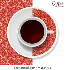 Cup of coffee with colorful ornament on a saucer and seamless lace geometric pattern. Business coffee break concept, interior design background. Isolated coffee cup and plate decor elements
