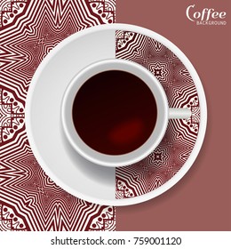 Cup of coffee with colorful ornament on a saucer and vertical seamless floral geometric pattern. Business coffee break concept, interior design background. Isolated coffee cup and plate decor element