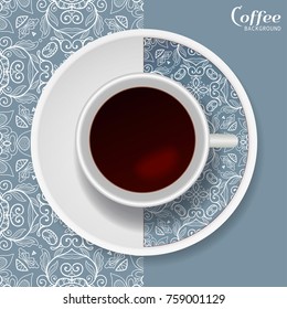 Cup of coffee with colorful ornament on a saucer and vertical seamless floral geometric pattern. Business coffee break concept, interior design background. Isolated coffee cup and plate decor element