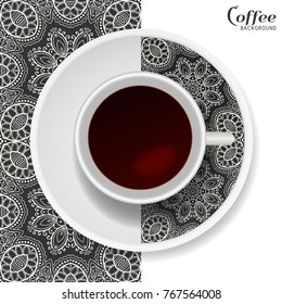 Cup of coffee with colorful ornament on a saucer and vertical seamless floral geometric pattern. Business coffee break concept, interior design background. Isolated coffee cup and plate decor element