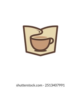 Cup of coffee combined with book - simple library cafe logo design template - editable vector