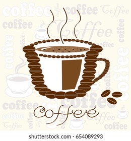 Cup of Coffee Composed of Beans with Hot Aroma on Coffee Pattern. Menu for Coffee House Breakfast Concept. Vector Illustration in Flat Design