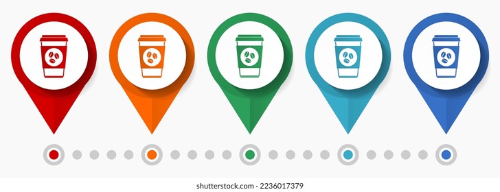 Cup of coffee concept vector icon set, flat design cafe pointers, infographic template easy to edit
