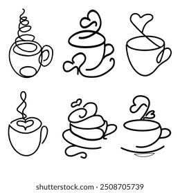 cup of coffee continuous line art hand drawing. Coffee house logo. Outline style drawn sketch vector Sketched hot tea drink. Teacup symbol. Monoline vector illustration isolated on white background