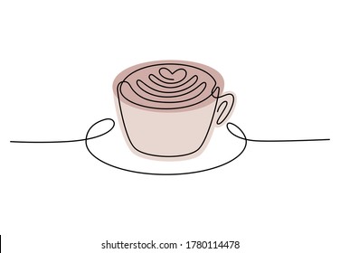 Cup of coffee continuous line drawing. Hand drawing art breakfast theme with linear plate and cup of cappuccino for logo. Minimalist poster. Vector illustration