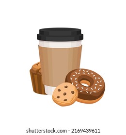 Cup of coffee with cookie, donut and muffin vector set. Coffee to go with brown sleeve and desserts. Illustration in a cartoon flat style. Isolated on a white background