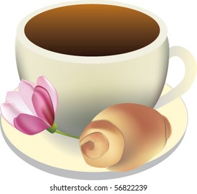 Cup of coffee with cookie and flower