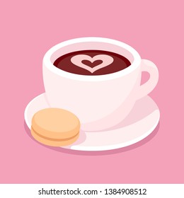 Cup of coffee with cookie on pink background. Heart shaped latte art. Cute cartoon cafe vector illustration.