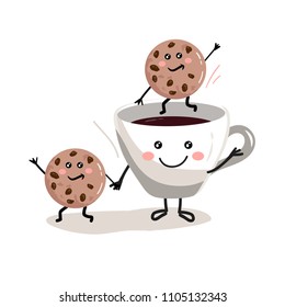 Cup of coffee with cookies cartoon characters