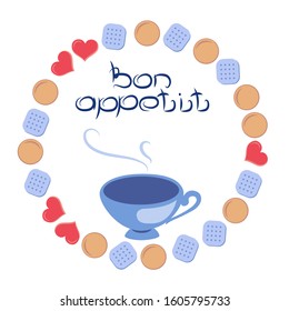 Cup of coffee and cookies, cracker. Vector illustrationwith a hot drink tea. Breakfast, a snack. Bon appetit.