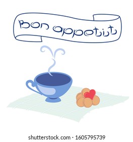 Cup of coffee and cookies, cracker. Vector illustrationwith a hot drink tea. Breakfast, a snack. Bon appetit.