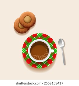Cup of coffee and cookies, top view. Breakfast concept