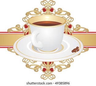 Cup with coffee and corns on the decorative ornament. Vector
