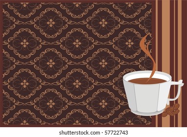 Cup with coffee and corns on the decorative background. Banner. Vector