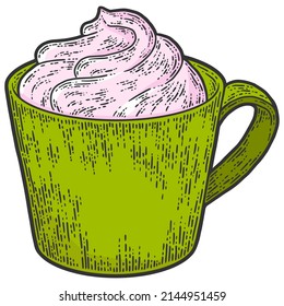 Cup of coffee with cream color. Line art sketch picture. Hand drawn.