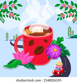 A cup of coffee with cream and marshmallow. Flowers and branches with leaves, mountain. The car is carrying a delicious cake. Background lofi chill. Vector illustration.
