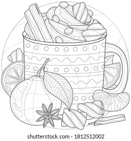 
Cup of coffee with cream, marshmallows, cinnamon and tangerines.Coloring book antistress for children and adults. Illustration isolated on white background.Black and white drawing.Zen-tangle style.