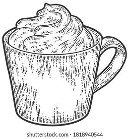 Cup of coffee with cream. Sketch scratch board imitation. Black and white.