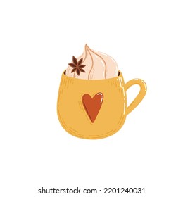 Cup of coffee with cream and star anise vector stylized clipart. Autumn concept illustration is a perfect for stickers and icons. Warm autumn color pallet.