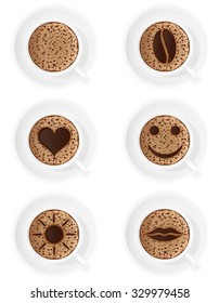 cup of coffee crema with different symbols vector illustration isolated on white backgroun