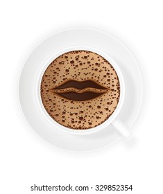 cup of coffee crema and symbol lips vector illustration isolated on white background