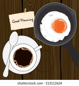 Cup of coffee, Croissant Bread, Fried egg on wood background vector