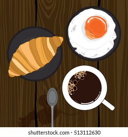 Cup of coffee, Croissant Bread, Fried egg on wood background vector