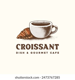 Cup of coffee and croissant bread in vintage retro hand drawn style logo design for cafe and restaurant business
