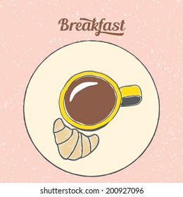 Cup of coffee with croissant. Breakfast. Vector illustration.