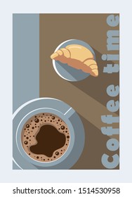 A cup of coffee and a croissant. Brochure, poster design template. Vector illustration in pastel colors.