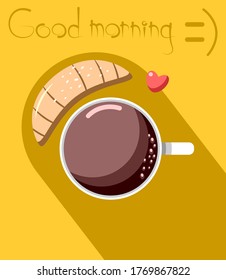 Cup of coffee with croissant. Cartoon style. Vector illustration for poster, advertisement, flayers and menu card.