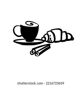 A cup of coffee with a croissant and cinnamon sticks. Black and white doodle illustration