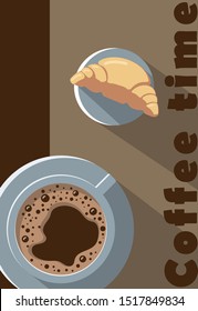 A cup of coffee and a croissant. Color vector background illustration.