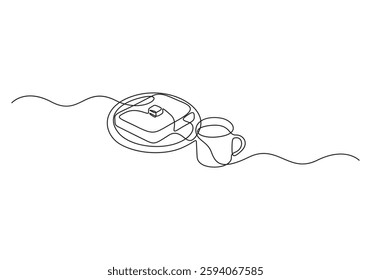 Cup of coffee and croissant with a continuous one-line drawing. Vector illustration