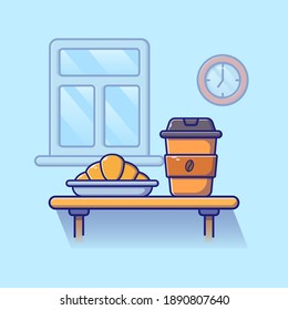 Una copa de café y croissant con forma de media luna en una mesa para el desayuno. Icono de alimentos y bebidas. Ilustración de vectores de dibujos planos aislados.