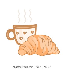 Cup of coffee and croissant. Doodle hand drawn isolated illustration. Tasty and pleasant morning concept.