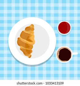 Cup of coffee with a croissant. Flat design. Vector illustration . Breakfast, view from the top. Cartoon.