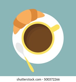 Cup of coffee with croissant. Flat design. Vector illustration