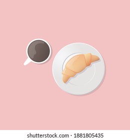 Cup of coffee and croissant. Flat vector illustration. Breakfast morning concept.