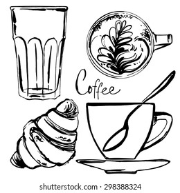 Cup of coffee, croissant, coffee foam, drawn on a white background. Vector drawing. ink drawing