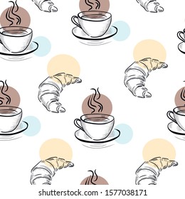 Cup of coffee ,croissant food vector seamless pattern . Concept for web design, cards, menu