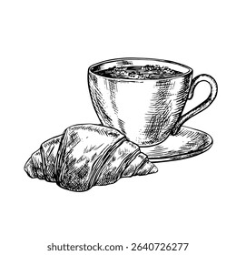 A cup of coffee and a croissant French bun. Vector black-and-white hand-drawn illustration. Isolate on a white background. For packaging, logos and labels. For banners, flyers, menus, posters and more