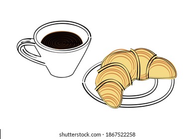 Cup of coffee and croissant - hand drawn vector illustration. Isolated objects, flat color design.