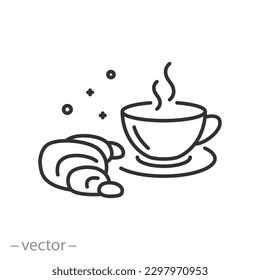 cup coffee with croissant icon, breakfast concept, bun with drink, thin line symbol - editable stroke vector illustration