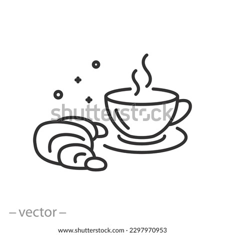 cup coffee with croissant icon, breakfast concept, bun with drink, thin line symbol - editable stroke vector illustration