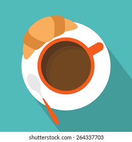 Cup of coffee with croissant icon. Flat design. Vector illustration