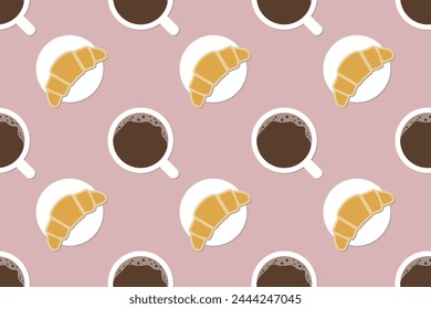 Cup of coffee and a croissant isolated on a pink background. Seamless pattern. Flat style. Background for paper, cover, textile, interior decor.