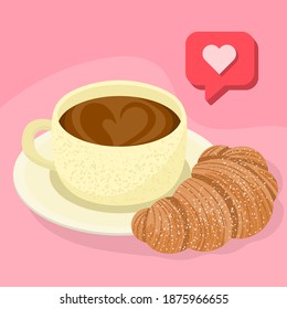 Cup of coffee and croissant with like and pink background